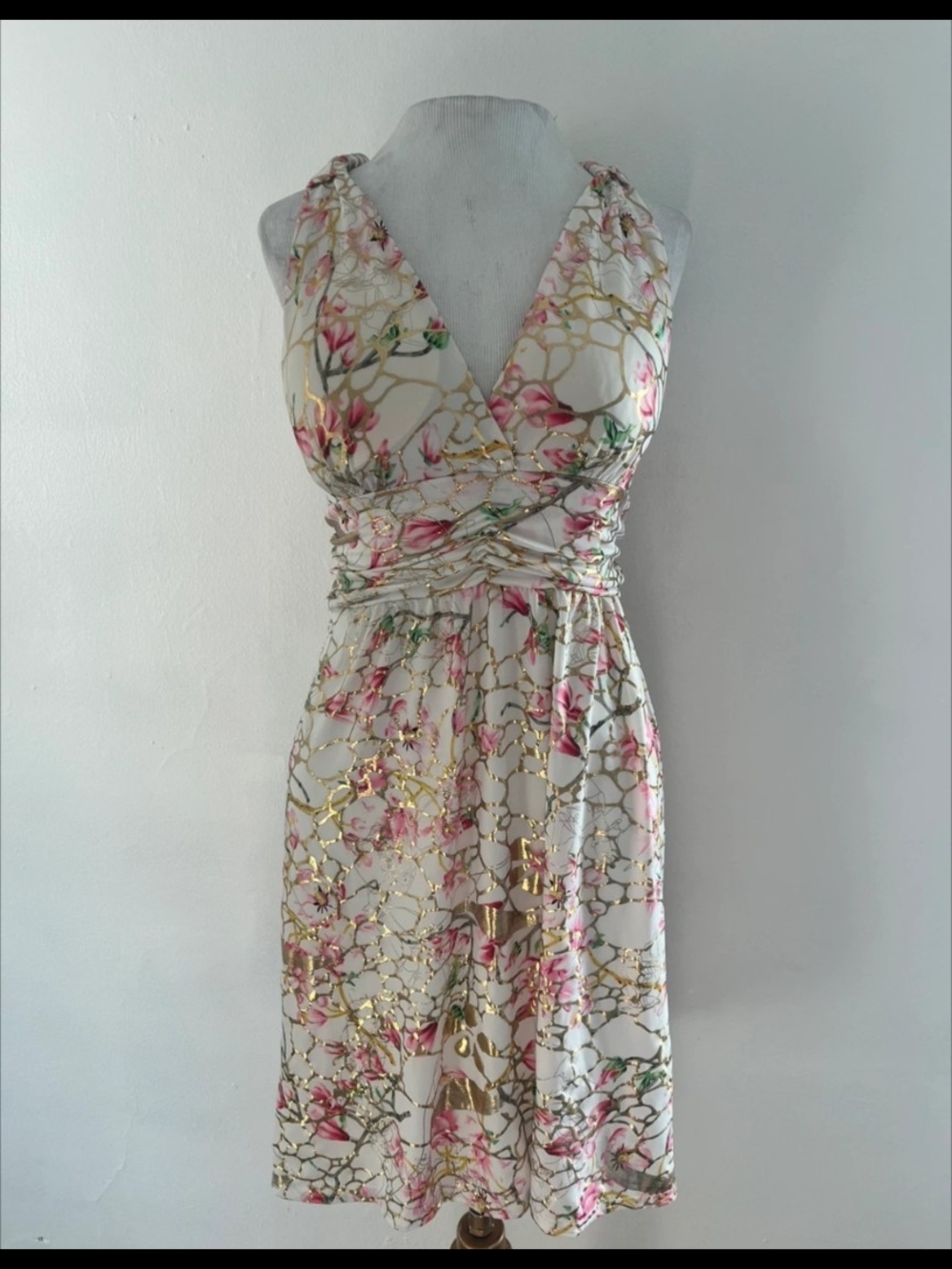 India Boutique White Floral Gold Foil Accent Halter Sundress Ruched Waist